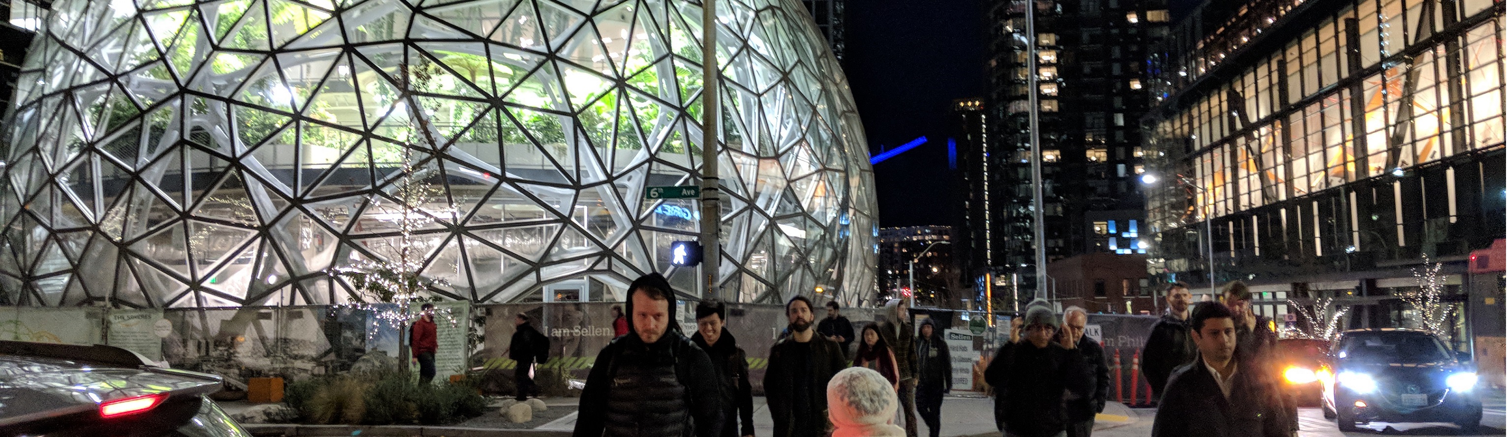 Amazon headquarters at night