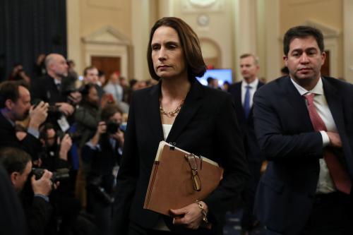 Fiona Hill, former senior director for Europe and Russia on the National Security Council, departs after testifying at a House Intelligence Committee hearing as part of the impeachment inquiry into U.S. President Donald Trump on Capitol Hill in Washington, U.S., November 21, 2019. REUTERS/Loren Elliott