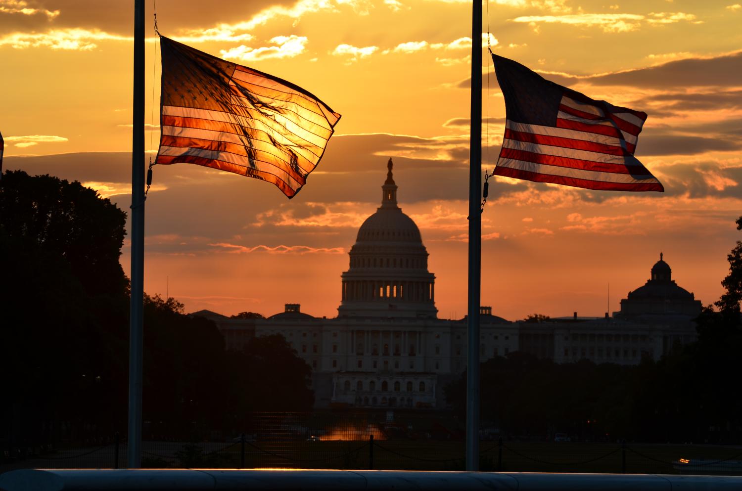 Two American flags waving on a flagpole with the U.S. Capitol building in the background