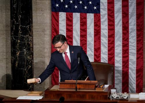 Newly elected Speaker of the House Mike Johnson (R-LA) picks up the Speaker's gavel to use it officially as Speaker for the first time, shortly after Johnson was elected to be the new Speaker at the U.S. Capitol in Washington, U.S., October 25, 2023. REUTERS/Elizabeth Frantz