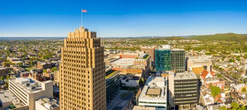 Aerial panorama of Allentown, Pennsylvania skyline on late sunny afternoon. Allentown is Pennsylvania's third most populous city.