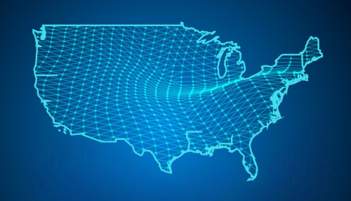 A map-like illustration of the contiguous United States with a netlike design superimposed upon it rendered in contrasting blue tones