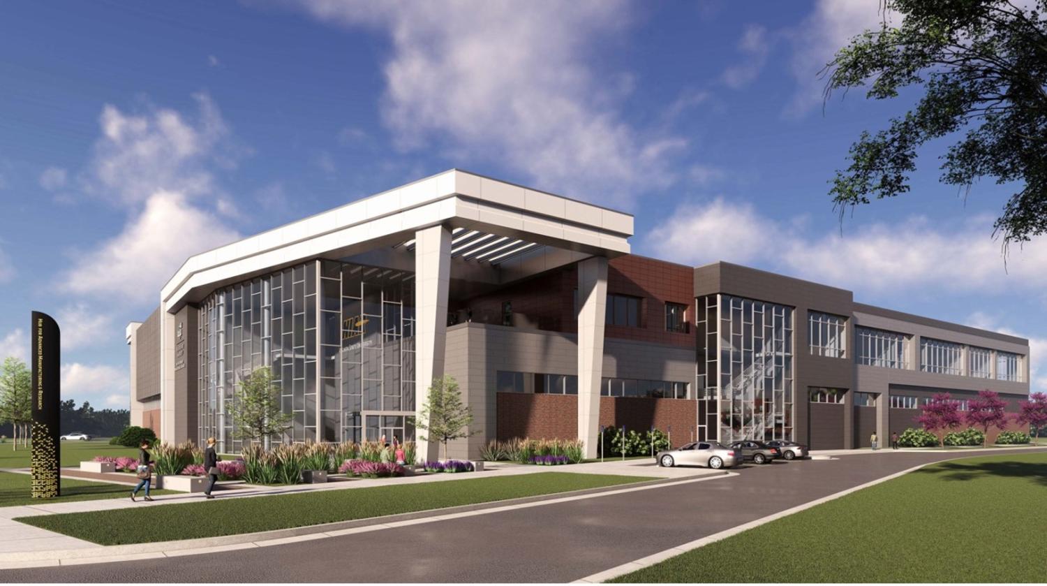 An architectural rendering of the main entrance of the Hub for Advanced Manufacturing and Research (HAMR) facility to be constructed on the Innovation Campus at Wichita State University. Credit: Wichita State University