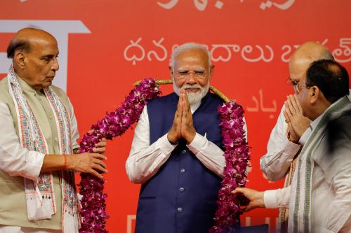 Indian Prime Minister Narendra Modi gestures, at the Bharatiya Janata Party (BJP) headquarters in New Delhi, India, June 4, 2024.