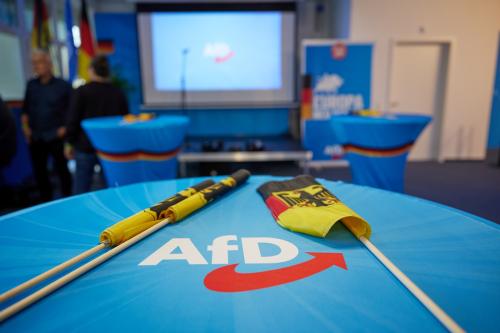 German flags are on display at an election party at the AfD party headquarters ahead of the first projection for the European elections.