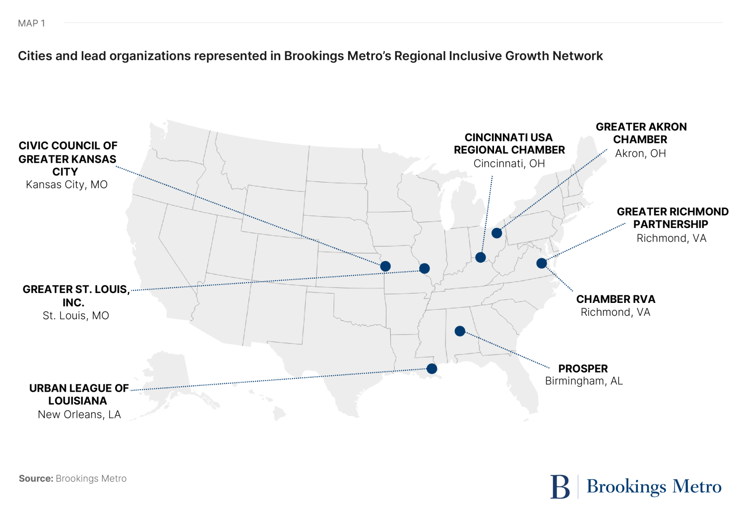 Map 1: Cities and lead organizations represented in Brookings Metro’s Regional Inclusive Growth Network