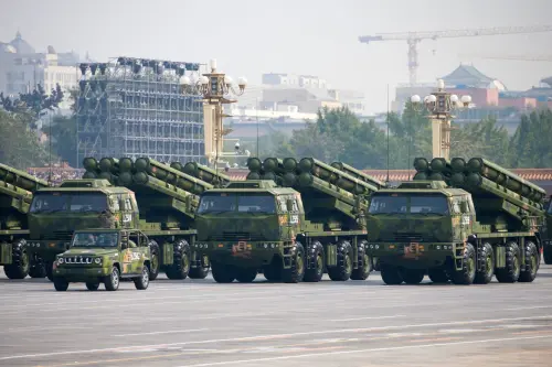 A Dongfeng-41 intercontinental strategic nuclear missiles group formation marches to celebrate the 70th anniversary of the founding of the People's Republic of China in Beijing, 1 October 2019.