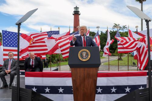 U.S. President Donald Trump touts his energy and climate policies during a campaign stop at Jupiter Inlet Lighthouse and Museum in Jupiter, Florida, U.S., September 8, 2020.