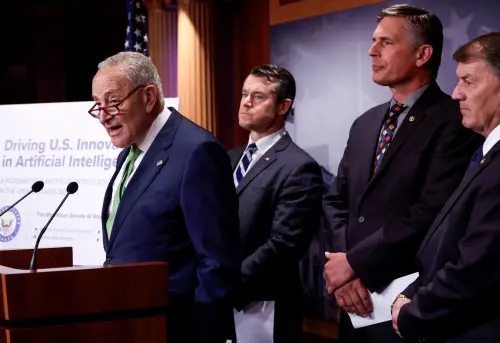 U.S. Senate Majority Leader Chuck Schumer (D-NY) speaks during a bipartisan press conference on creating a policy on Artificial Intelligence in the United States Senate, on Capitol Hill in Washington, U.S., May 15, 2024.