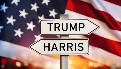 The race between current Vice President Kamala Harris and former President Donald Trump, symbolized by signs pointing in different directions on July 22, 2024.