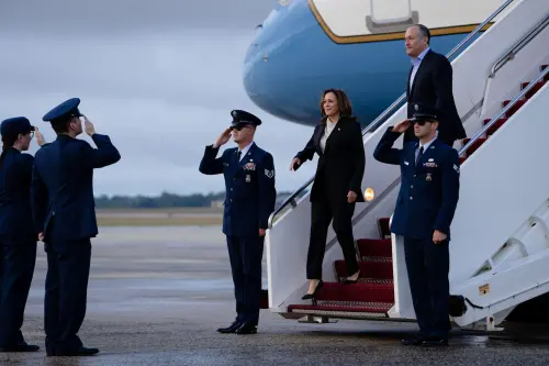 U.S. Vice President Kamala Harris and second gentleman Douglas Emhoff descend from Air Force Two at Joint Base Andrews in Maryland, U.S., July 22, 2024.