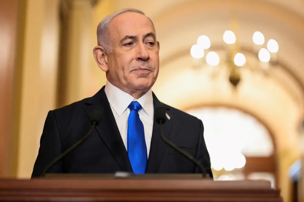 Israeli Prime Minister Benjamin Netanyahu looks on as he speaks with reporters, on the day of his address to a joint meeting of Congress at the U.S. Capitol, in Washington, U.S., July 24, 2024.