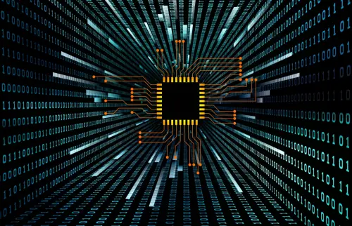 Interplay of digital circuit and number graphics on the subject of electronics, computers, communications and modern technologies.