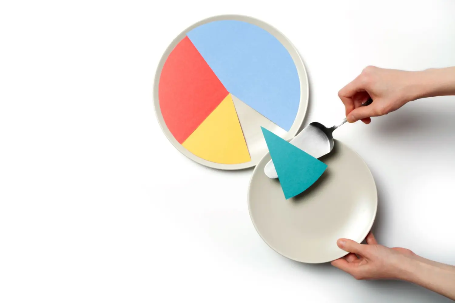 Image of hands moving a slice of a pie chart onto a plate