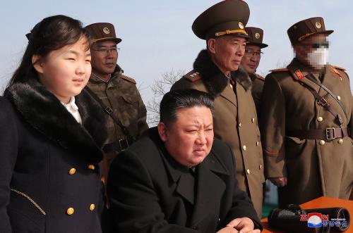 Chairman of the North Korean State Affairs Committee Kim Jong-un and his daughter, Ju-ae, conduct an inspection of the combined tactical military exercise on March 18-19 to bolster the country's war deterrence and nuclear counter-strike capability in response to ongoing South Korean and US military exercises.