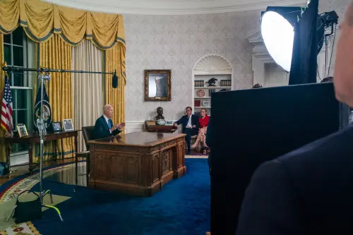 U.S. President Joe Biden, with family members, delivers remarks during a nationwide address from the Oval Office of the White House in Washington, DC, USA, on July 24, 2024. President Biden addressed the nation for the first time since ending his re-election campaign and endorsing Vice President Kamala Harris.