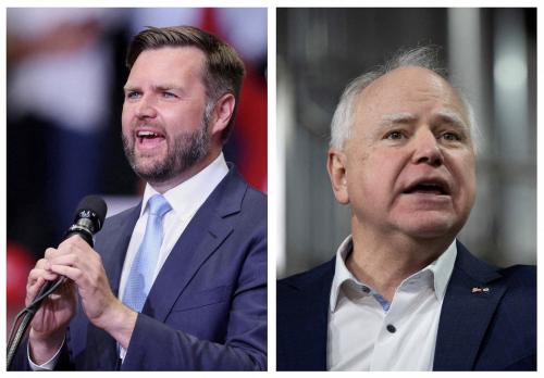 A combination picture shows Republican vice presidential nominee U.S. Senator J.D. Vance (R-OH) speaking during his first rally as Republican presidential nominee and former U.S. President Donald Trump's running mate, in Grand Rapids, Michigan, U.S. July 20, 2024, and Minnesota Governor Tim Walz speaking inside the Earth Rider Brewery in Superior, Wisconsin, U.S., January 25, 2024.