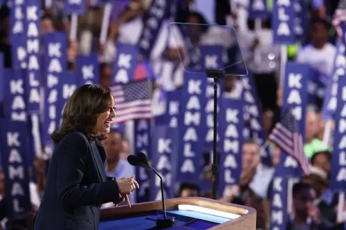 Democratic presidential nominee and U.S. Vice President Kamala Harris speaks on Day 4 of the Democratic National Convention (DNC) at the United Center in Chicago, Illinois, U.S., August 22, 2024.