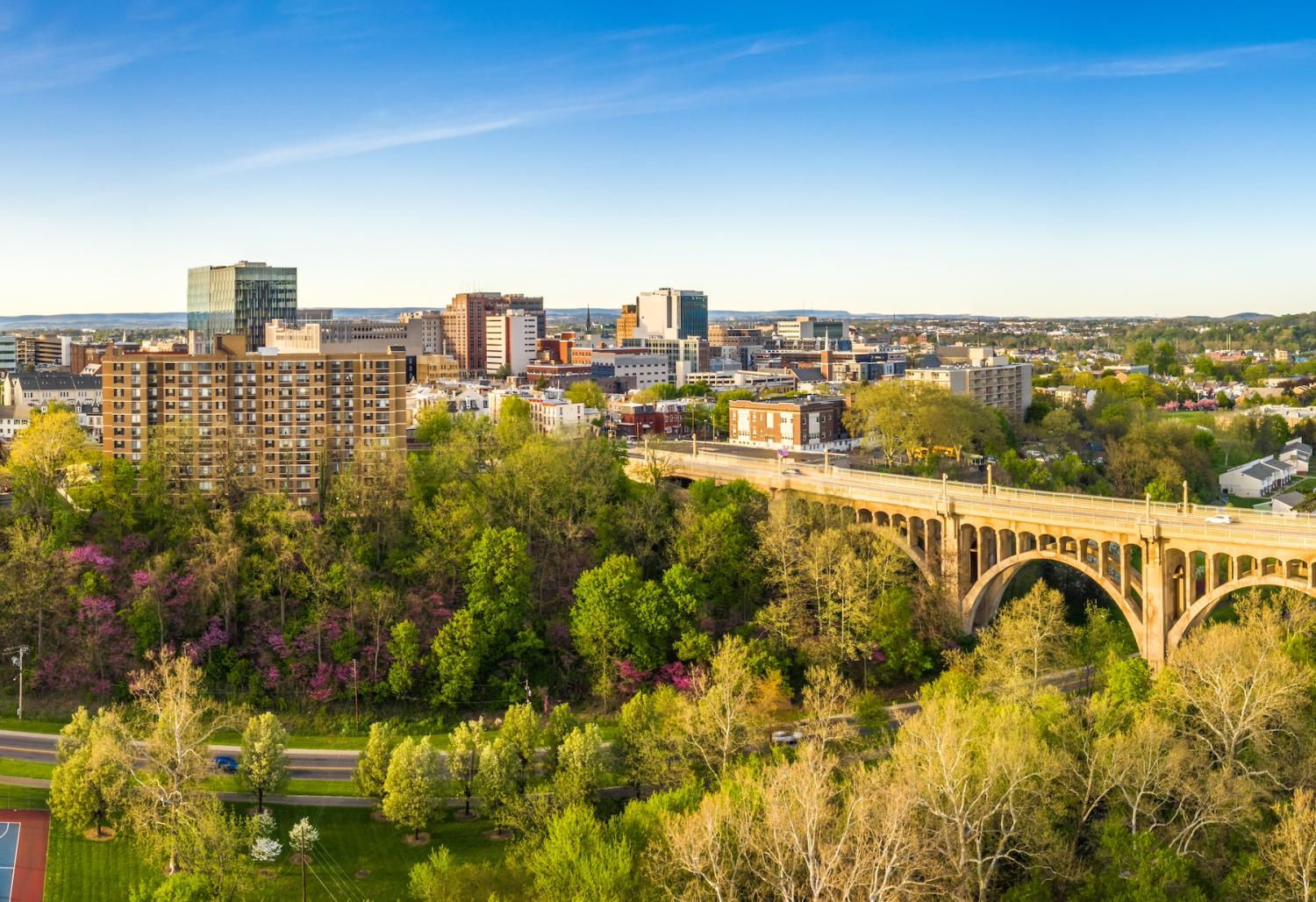 Aerial panorama of Allentown, Pennsylvania skyline and Albertus L. Meyers Bridge (aka Eighth Street Bridge) on late sunny afternoon . Allentown is Pennsylvania's third most populous city.