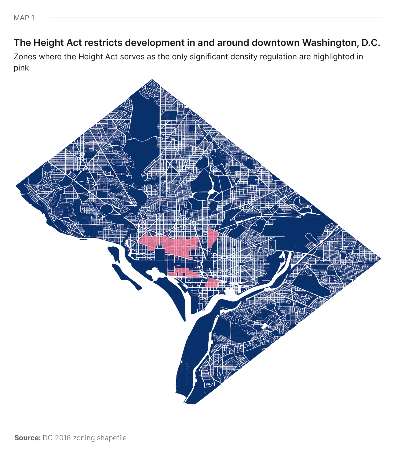 Map 1. The Height Act restricts development in and around downtown Washington, D.C.