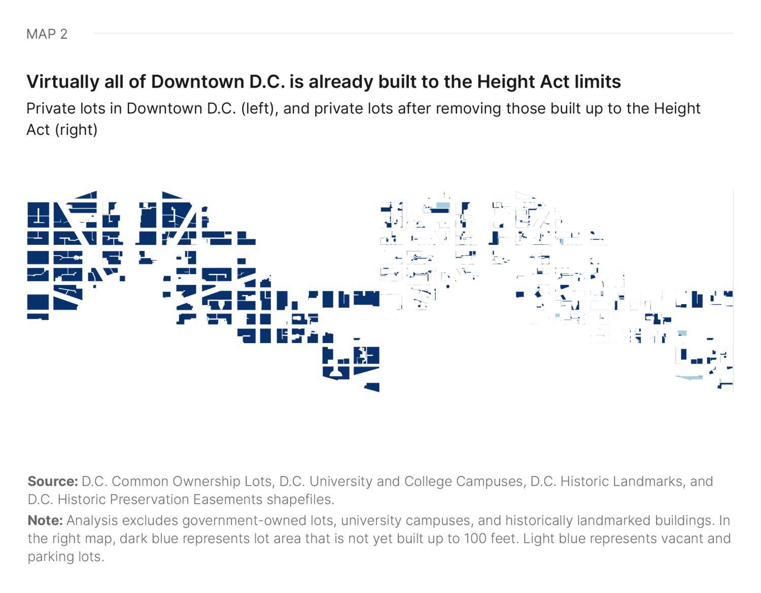 Map 2. Virtually all of Downtown D.C. is already built to the Height Act limits