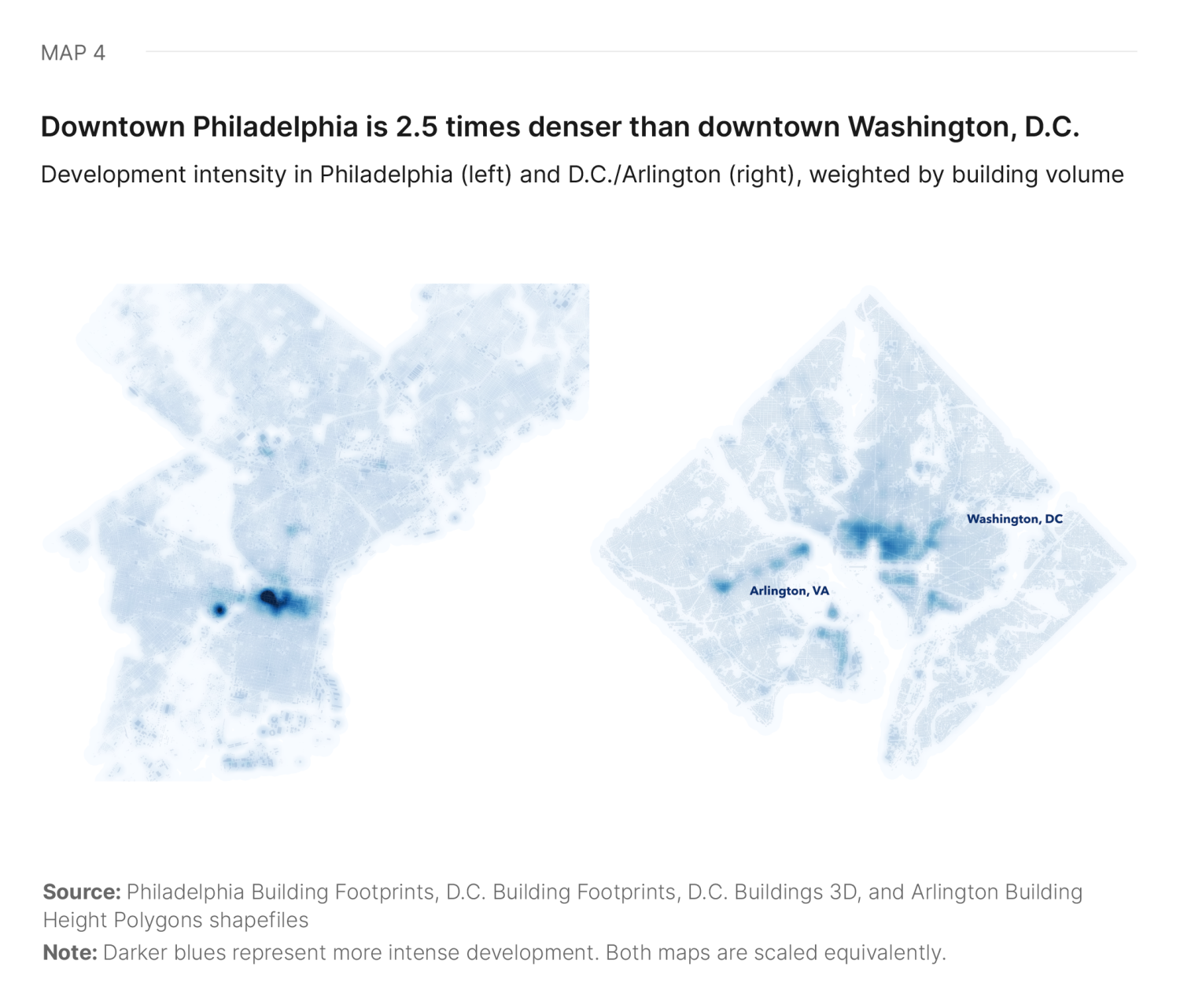 Map 4. Downtown Philadelphia is 2.5 times denser than downtown Washington, D.C.