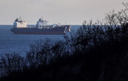 View from the shoreline of two oil tankers floating in the sea