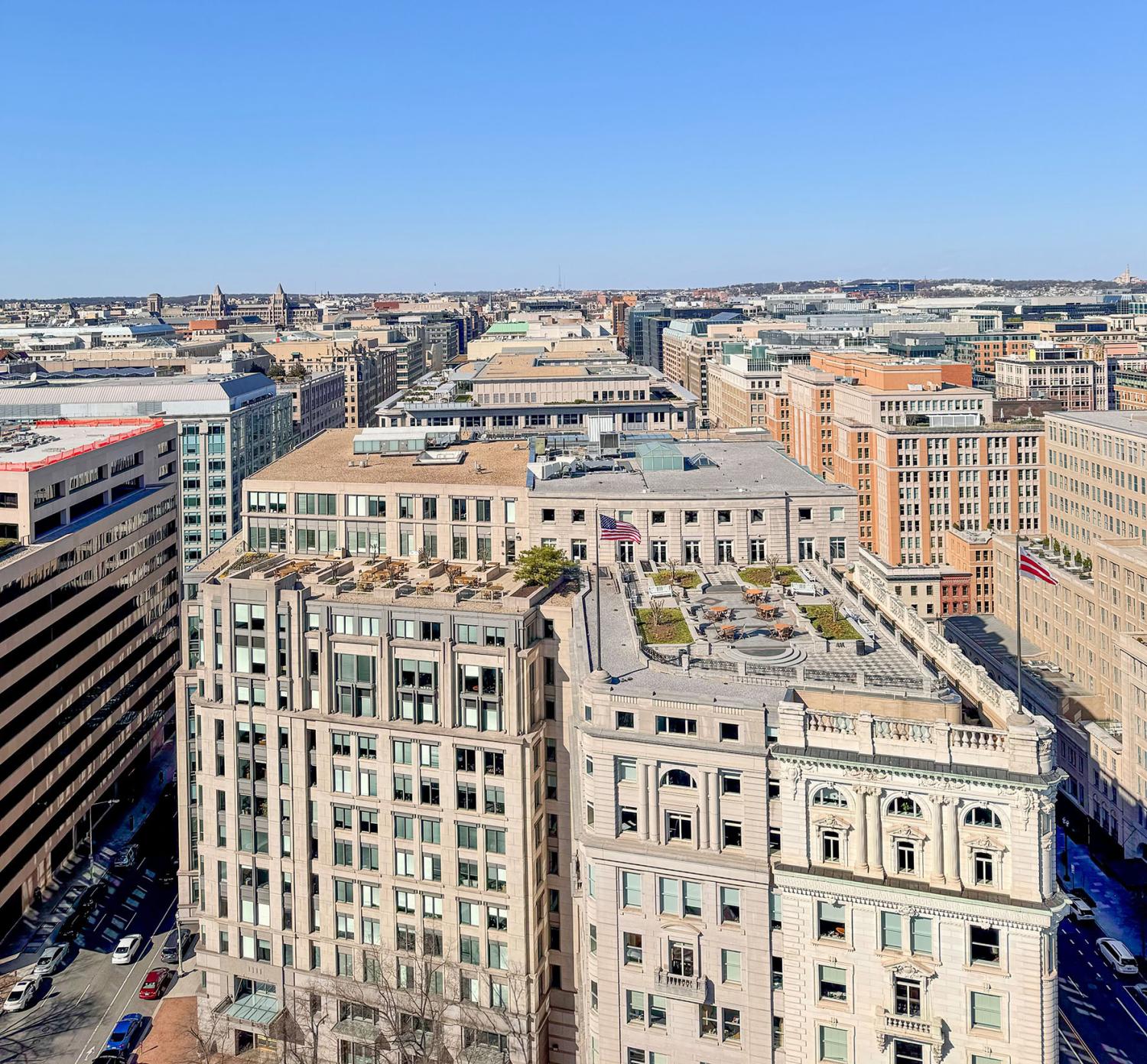 Aerial view of the offices and skyscrapers an the skyline of downtown Washington DC