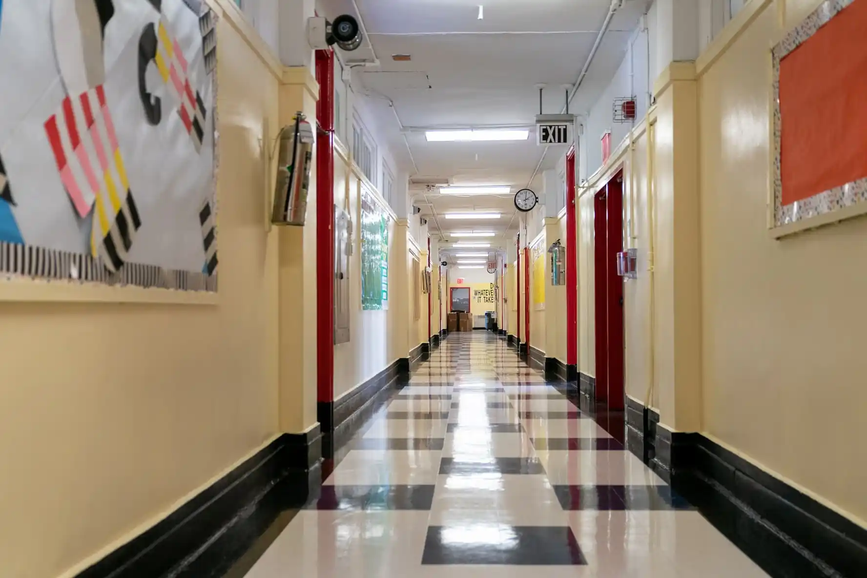 A hallway stands empty during a news conference at New Bridges Elementary School, ahead of schools reopening, in the Brooklyn <a href=