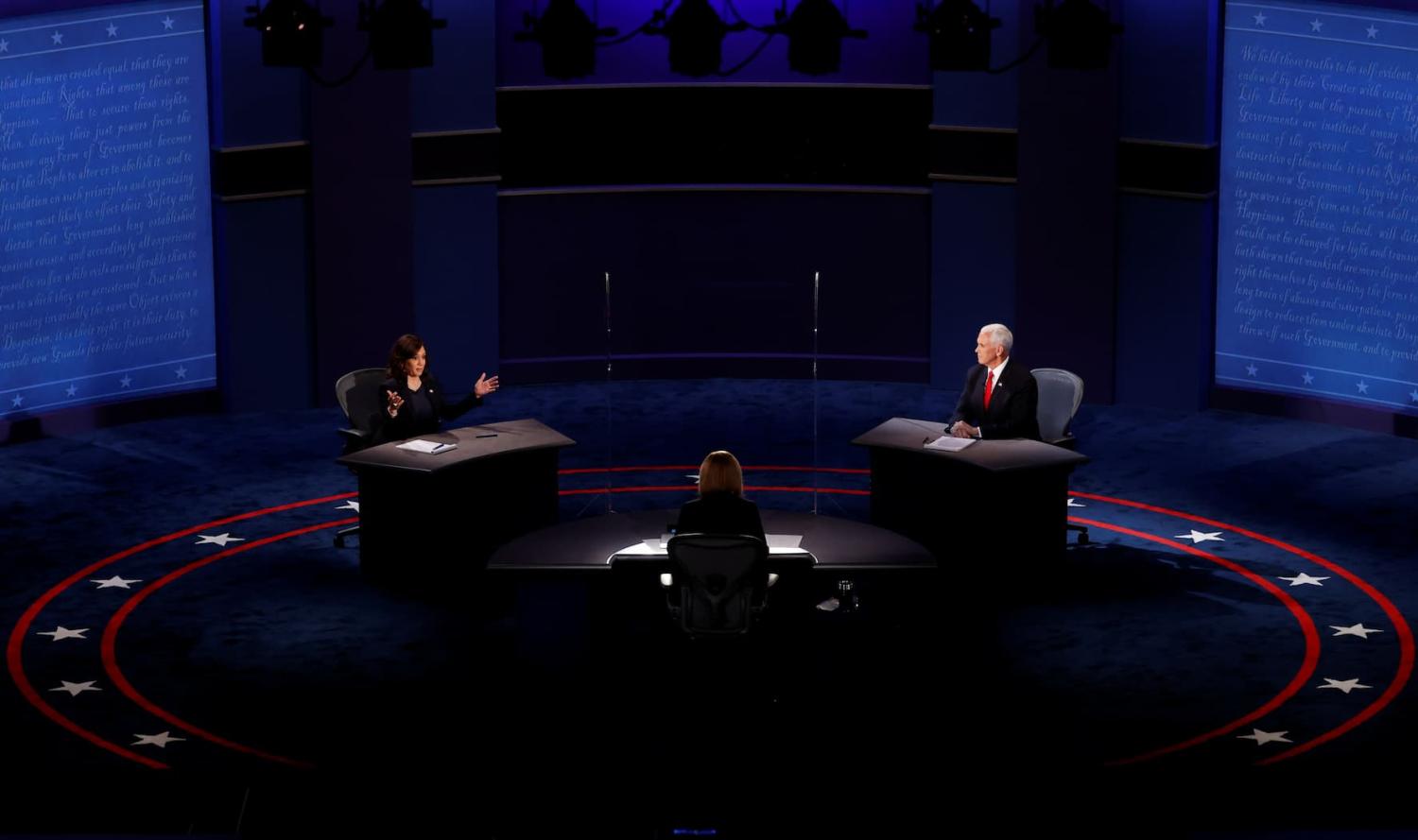 Democratic vice presidential nominee Senator Kamala Harris and U.S. Vice President Mike Pence participate in their 2020 vice presidential campaign debate held on the campus of the University of Utah in Salt Lake City, Utah, U.S., October 7, 2020.