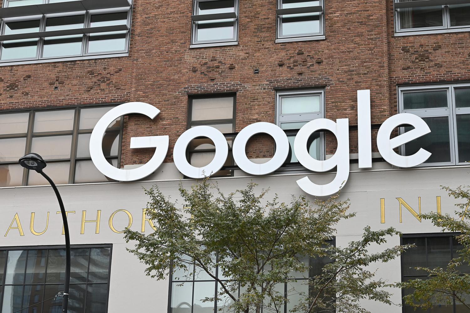 View of Google logo on its corporate offices in lower Manhattan in New York, NY, October 21, 2020. The U.S. Justice Department filed an antitrust lawsuit on Tues. October 20 against Google for alleged tactics to maintain monopoly for its search engine.