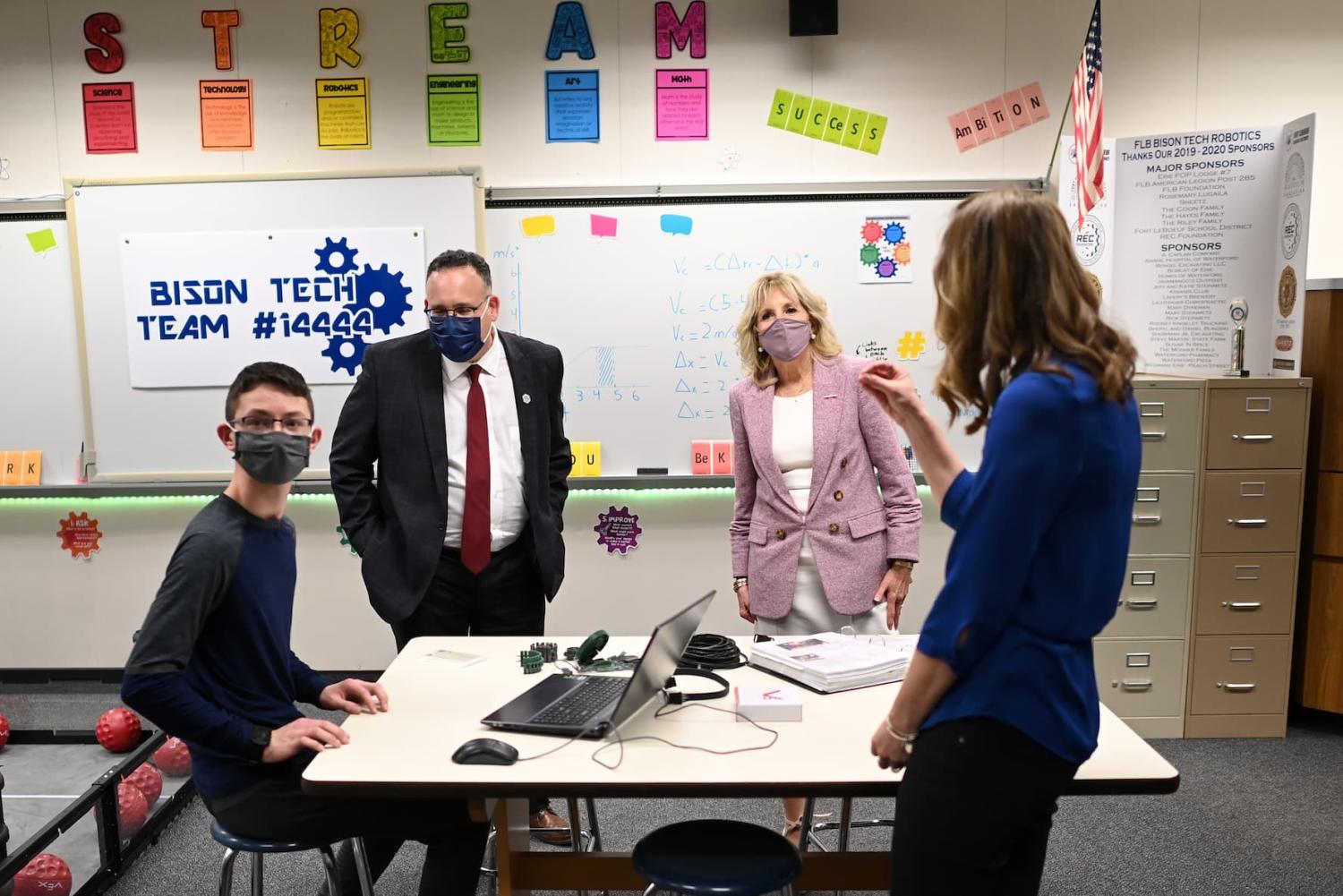 U.S. first lady Jill Biden and Education Secretary Miguel Cardona visit a robotics lab as they tour Fort LeBoeuf Middle School in Waterford, Pennsylvania, U.S., March 3, 2021.