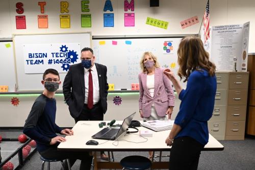 U.S. first lady Jill Biden and Education Secretary Miguel Cardona visit a robotics lab as they tour Fort LeBoeuf Middle School in Waterford, Pennsylvania, U.S., March 3, 2021.