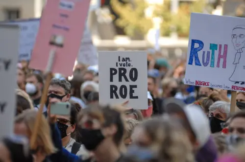 Thousands of protesters march from the Philadelphia Art Museum to City Hall for a rally to defend abortion rights, in Philadelphia, PA, on October 2, 2021. (Photo by Cory Clark/NurPhoto)