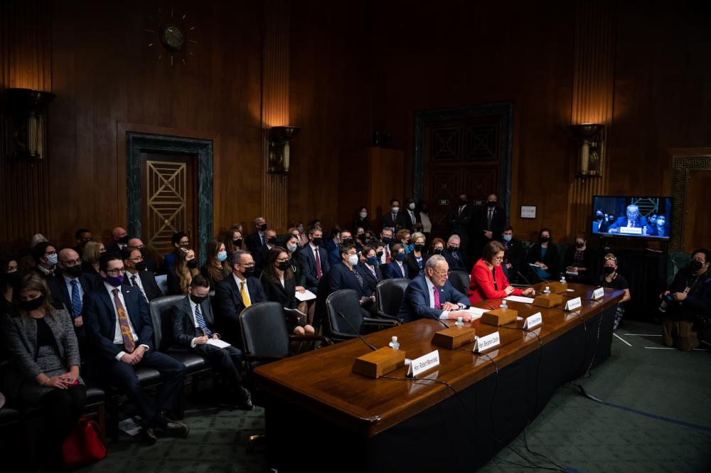 Senator Chuck Schumer (D-N.Y), the Senate Majority Leader, introduces judicial nominees during a Senate Judiciary Committee confirmation hearing for federal judges, at the U.S. Capitol, in Washington, D.C., on Wednesday, December 15, 2021. The Senate today votes on the National Defense Authorization Act (NDAA) and continues negotiations over President Biden's Build Back Better agenda, as the House waits on standby in case of a breakthrough on the Democrats signature climate and domestic spending plan.