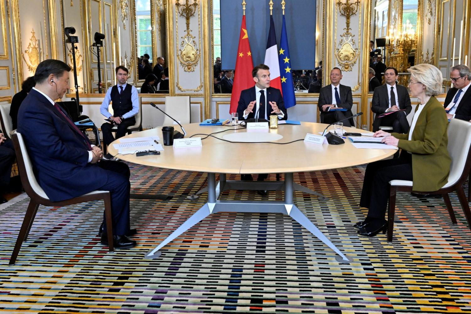 French President Emmanuel Macron, Chinese President Xi Jinping and European Commission President Ursula von der Leyen hold a trilateral meeting as part of the Chinese president's two-day state visit, at the Elysee Palace in Paris, France, on May 6, 2024.