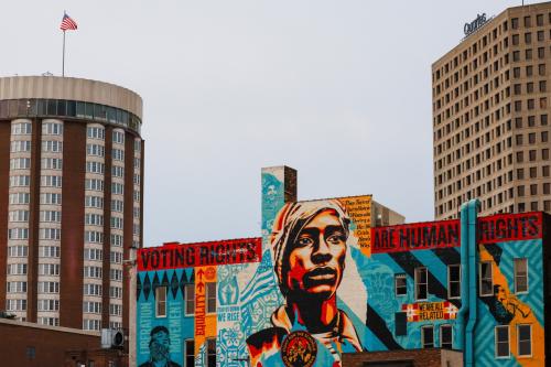 View of a mural in downtown that reads "voting rights are human rights" on the first day of the Republican National Convention (RNC) in Milwaukee, Wisconsin, U.S. July 15, 2024.