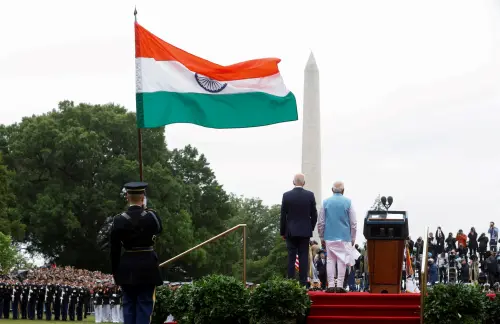 U.S. President Joe Biden and India’s Prime Minister Narendra Modi stand together onstage at an official State Arrival Ceremony held at the start of Modi's visit to the White House in Washington, U.S., June 22, 2023.