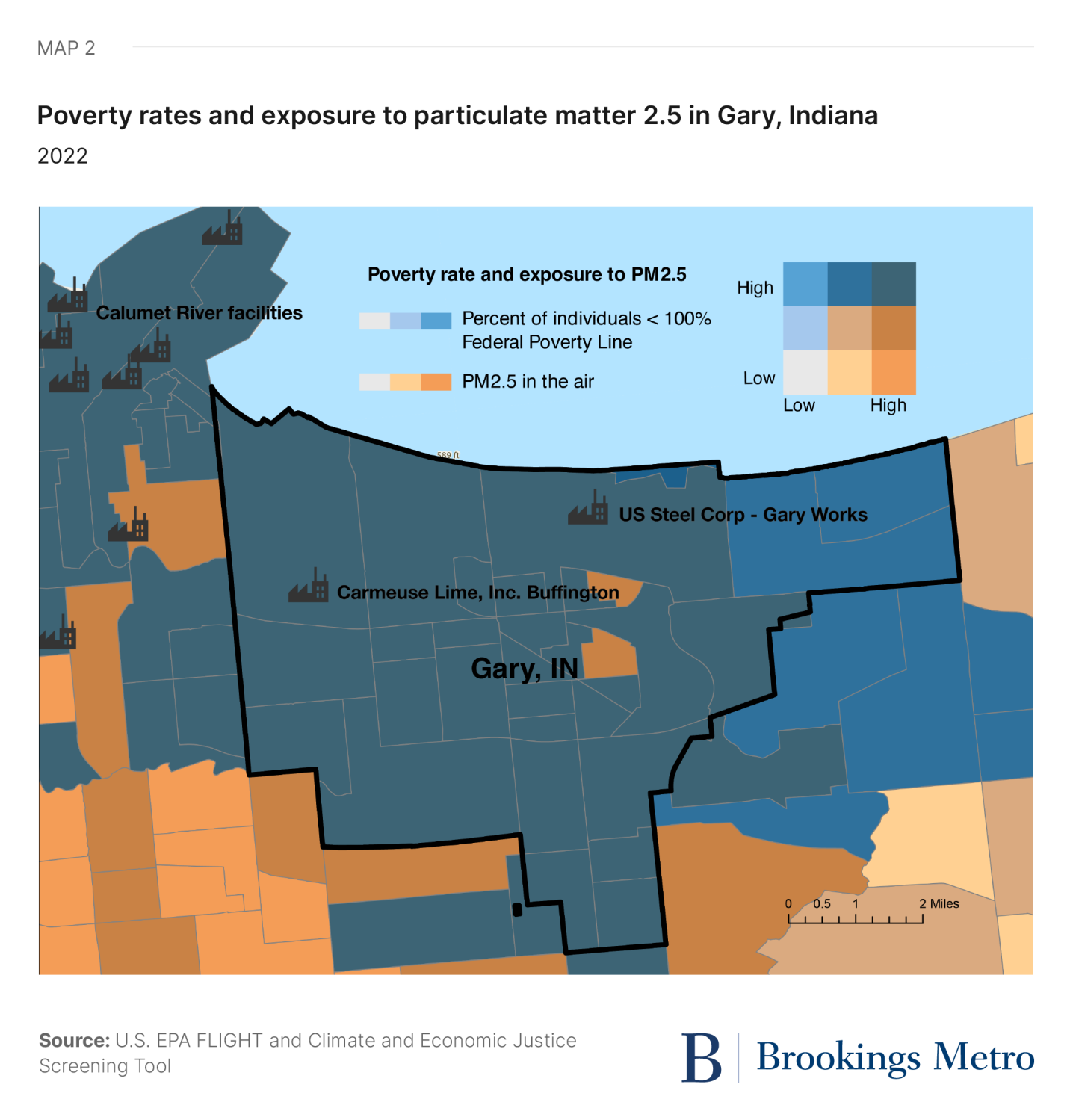 Map 2. Poverty rates and exposure to particulate matter 2.5 in Gary, Indiana (2022)