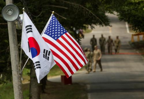 The U.S. and Korean flags fly next to each other at Yongin, South Korea, August 23, 2016.