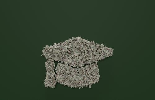 A graduation cap made of money over a green background.