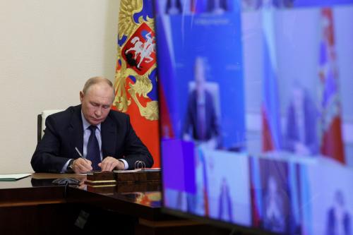 Russian President Vladimir Putin chairs a meeting on situation in Belgorod, Kursk and Bryansk regions following an incursion of Ukrainian troops in the course of Russia-Ukraine conflict, via video link at the Novo-Ogaryovo state residence outside Moscow, Russia August 22, 2024. Sputnik/Gavriil Grigorov/Pool via REUTERS