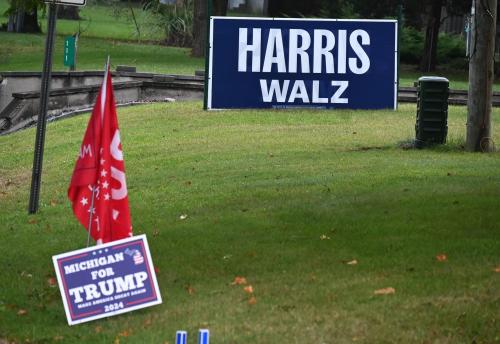 Adjacent Trump and Harris signs on U.S. 12 in Coldwater. Trump signs remained up throughout the county since the 2020 vote.