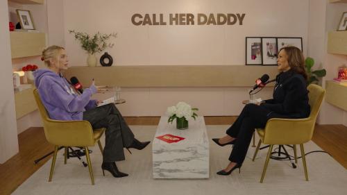 Democratic presidential nominee and U.S. Vice President Kamala Harris speaks to Alex Cooper during a taping of the podcast "Call Her Daddy" in this handout photo released on October 6, 2024.