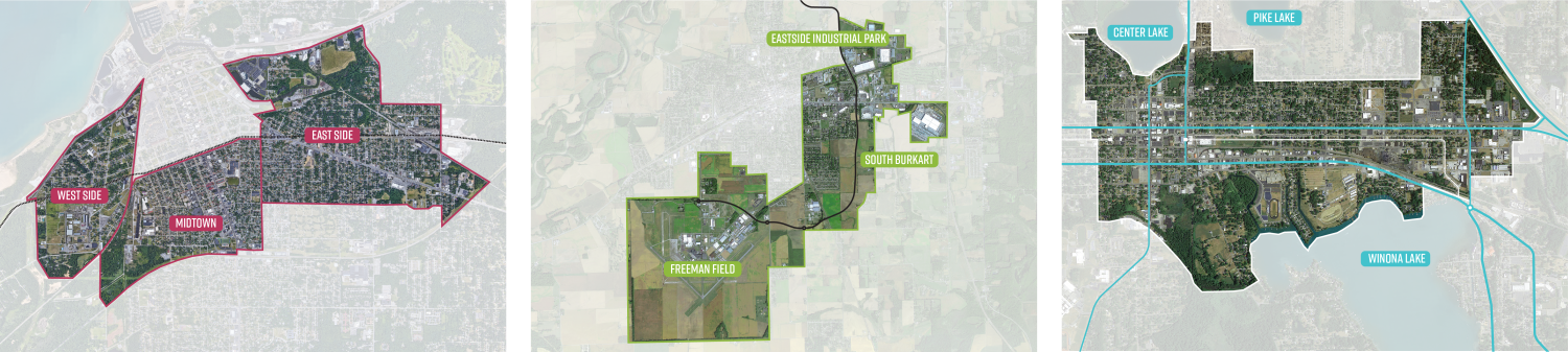 maps of city districts for Michigan City, Warsaw, and Seymour, Ind.