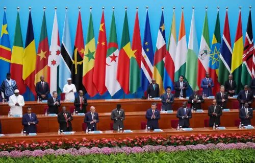 Representatives from African countries stand in front of a row of their countries' flags at the Forum on China-Africa Cooperation