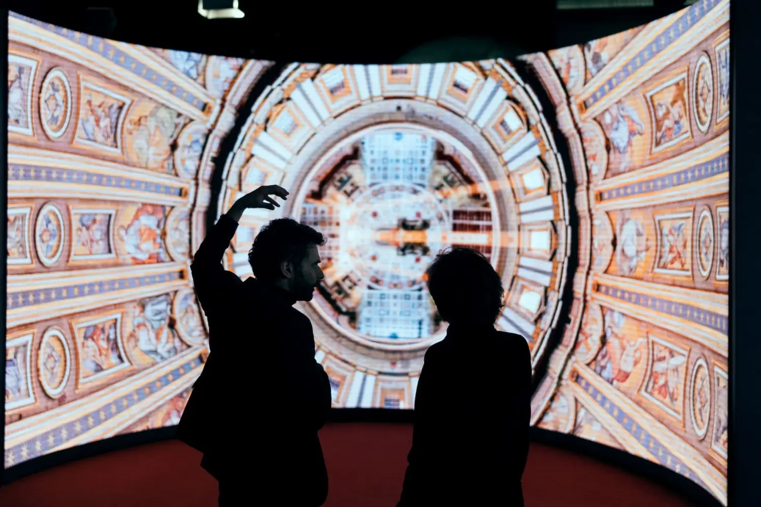 French Minister of Culture Rachida Dati in front of a curved screen which broadcasts 3D images of the Vatican during a cultural weekend in conjunction with the Summit for Action on Artificial Intelligence at the BNF (BibliothÃ¨que nationale FranÃ§ois Mitterrand) in Paris, France, on February 8, 2025.